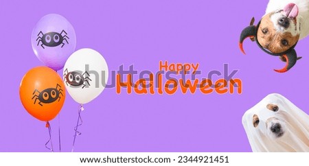 Panoramic banner for Halloween with text "Happy Halloween". Dog wearing holiday costumes and funny balloons