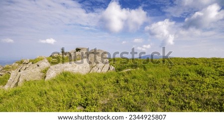 wonderful summer landscape in mountains. grassy meadows and rolling hills. boulders and stones on the hillside. picturesque scene in morning light. ukrainian carpathians countryside scenery Royalty-Free Stock Photo #2344925807