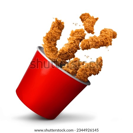 Fried Chicken hot crispy strips crunchy pieces of tenders in a Bucket - large Red box isolated in white background
 Royalty-Free Stock Photo #2344926145