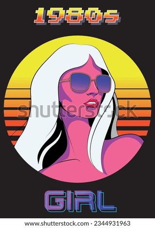 1980s Style Girl in Sunglasses Portrait, 1980s Vintage Gradient Background 