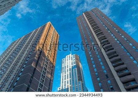 Denver, Colorado - February 12 2023: A view of the downtown Denver high rises while the streets are still quiet on a mid-winter Sunday morning as the city slowly wakes up.