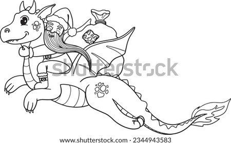 Flying dragon with santa claus outline vector illustration. Hand drawn Santa Claus is flying on a  dragon with gift bag with present boxes vector lineart  illustration. Christmas coloring page