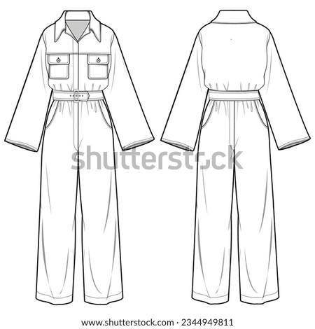 Women's Button front belted Shirt jumpsuit design flat sketch fashion illustration with front and back view,  Belted overall wide leg jumpsuit dress with wide leg pant drawing vector template. Royalty-Free Stock Photo #2344949811