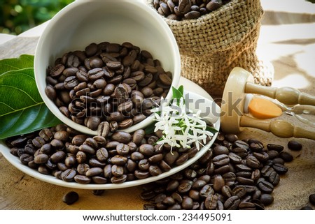 roasted coffee beans in white cup on the wood