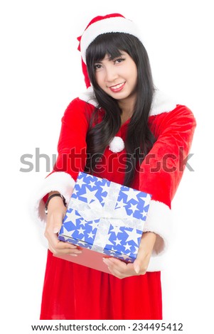 Christmas Asian Santa girl hold gift and smile with white background