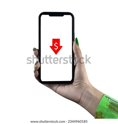 Dollar sign-down red arrow. Female hand-holding smartphone isolated on white background.