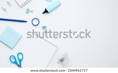 Mockup notebooks and set of stationery for work and study on white background. Back to school. Top view, flat lay, copy space