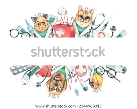 Dog, cat, hamster, parrot doctors in a dressing gown, glasses, stethoscope, a suitcase and medical instruments, injections. Watercolor illustration hand drawn. Template, frame on white background.