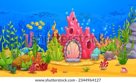 Cartoon coral reef house and underwater sea landscape. Vector fantasy background with mermaid home building. Fairytale dwelling in reef with shell door, chair and seaweeds at front yard on sea bottom Royalty-Free Stock Photo #2344964127