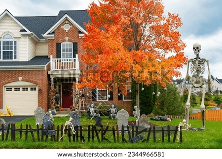 Skeletons, pumpkins and skulls are traditional attributes of Halloween in America. Frontyard decoration for Halloween party.