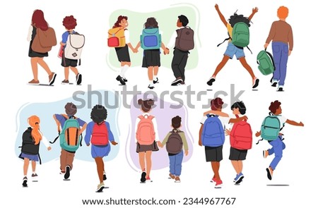 Children Boys and Girls Characters Walking Together In A Rear View, Carrying Backpacks And Wearing Uniforms, Heading To School With Excitement And Enthusiasm. Cartoon People Vector Illustration Royalty-Free Stock Photo #2344967767