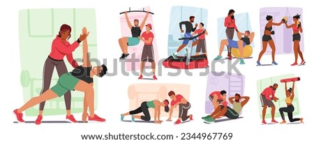 Characters Undergo Personalized Training Sessions With A Personal Coach, Receiving Tailored Guidance, Motivation, And Support To Achieve Their Fitness Goals. Cartoon People Vector Illustration Royalty-Free Stock Photo #2344967769