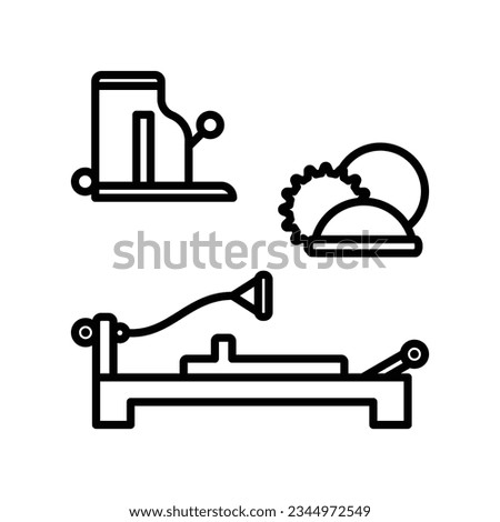 Pilates icon. Workout equipment for training - pilates ball, chair, ball, reformer-bad. Healthy lifestyle concept. Linear icon, thin outline, editable strokes. Royalty-Free Stock Photo #2344972549