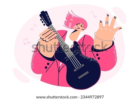 Woman with guitar performs at rock concert, playing compositions of own composition or making cover of famous tracks. Girl with bright appearance is fond of musical hobby and plays guitar