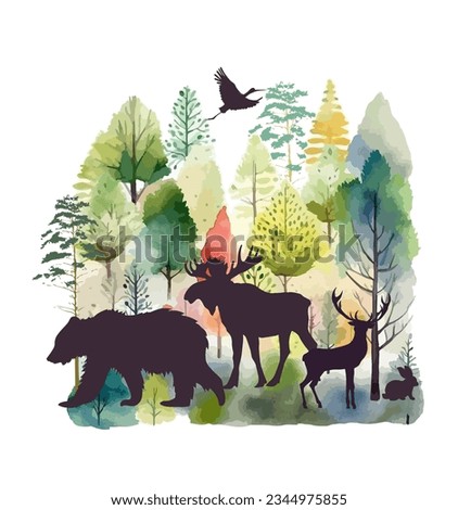 Silhouettes of animals in the forest. Vector illustration