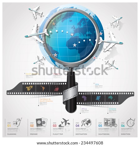 Global Travel And Journey Continent Infographic With Magnifying Glass Film Spiral Design Template