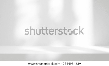 white table background podium stage for text design and products, white stage with sunlight and shadow, white wall and table background. Royalty-Free Stock Photo #2344984639