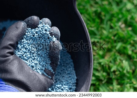 Bucket of blue chemical fertilizer in granular format ready to be applied to garden plants. Garden maintenance concept. Royalty-Free Stock Photo #2344992003