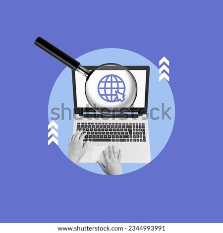 searching the internet, computer search, hands and computer, internet, computer with magnifying glass, quick search, searching, internet icon, 21st century technology, search trends, concept, collage 