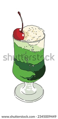 Hand drawn illustration of Melon Soda, one of Japan's representative drinks. It is a carbonated soft drink with melon flavor added to soda, sold in cafes, and contains ice cream and cherries.
