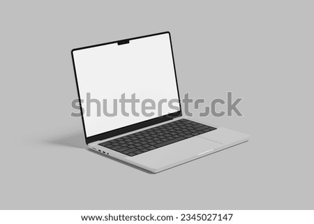 Laptop with blank screen isolated on white background, white aluminium body.Whole in focus. High detailed. Template, mockup.
