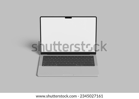Laptop with blank screen isolated on white background, white aluminium body.Whole in focus. High detailed. Template, mockup.
