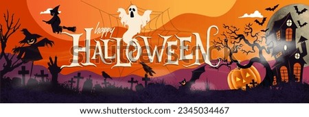 Happy Halloween party banner for October event, orange purple background and scary smiling pumpkin, white ghost, flying black bats, scarecrow, creepy witch. Halloween graveyard night. Trick or treat. 