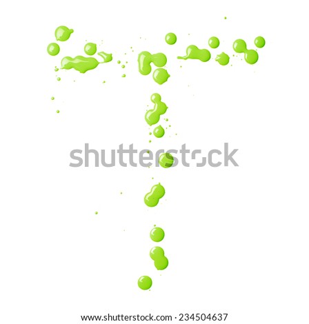 Letter T character made with the oil paint drops and spills, isolated over the white background