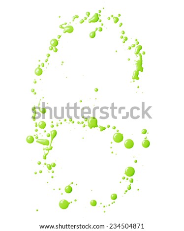 Number six digit character made with multiple oil paint spill drops isolated over the white background