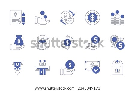 Money icon set. Duotone style line stroke and bold. Vector illustration. Containing quote, request, hand, change, coin, savings, money, bag, cash, back, share, exchange, withdrawal, box. Royalty-Free Stock Photo #2345049193