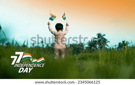 77th Happy Independence day banner design, Cute little boy walking through field with India flag, New and creative Independence day image Royalty-Free Stock Photo #2345066125