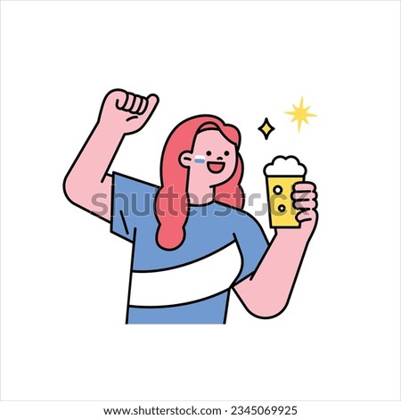 A girl is drinking beer and cheering. Supporters cheering for a sports team. outline simple vector illustration.