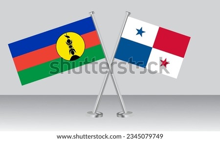 Crossed flags of New Caledonia and Panama. Official colors. Correct proportion. Banner design
