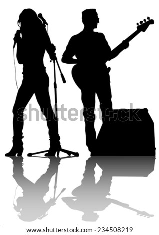 Group and singer of rock band on white background