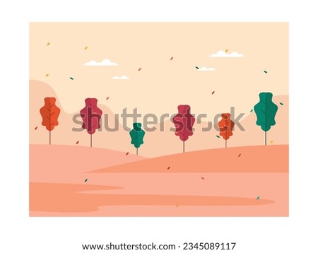 Landscape of a forest hill in the evening in autumn and falling leaves and tree trees changing color, with a mountain view. Design nature. Vector flat illustration