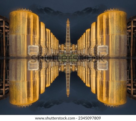 Abstract industrial design, with copy space; Geometric kaleidoscope pattern, on mirrored axis, of symmetry reflection; Grytviken Abstracts, South Georgia Grytviken