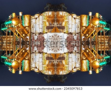 Abstract industrial design, with copy space; Geometric kaleidoscope pattern, on mirrored axis, of symmetry reflection; Grytviken Abstracts, South Georgia Grytviken