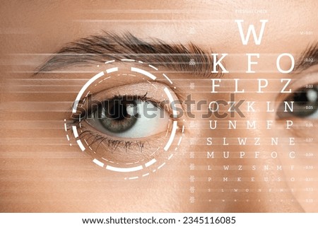 Closeup view of woman's face and eye test chart Royalty-Free Stock Photo #2345116085