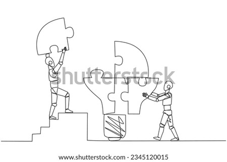 Continuous one line drawing two robots put together four lightbulb-shaped puzzle pieces. Teamwork brings ideas together. Future tech development concept. Single line draw design vector illustration