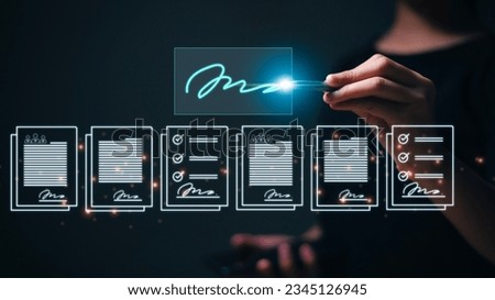Electronic signature and paperless office concept. Online business contract Electronic signature, e-signing, digital document management, paperless office, signing business contract concept.	 Royalty-Free Stock Photo #2345126945