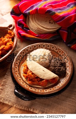 Chicharron en salsa roja. Pork rinds stewed in red sauce accompanied by rice and refried beans. Traditional homemade dish very popular in Mexico, this dish is part of the popular Tacos de Guisado.