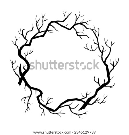 Wreath made from doodle tree branches. Spooky round border with space for text. Vector illustration isolated on white background. Halloween circle frame.