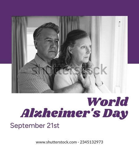 Composite of world alzheimer's day text over worried senior caucasian couple. World alzheimer's day and health concept digitally generated image.