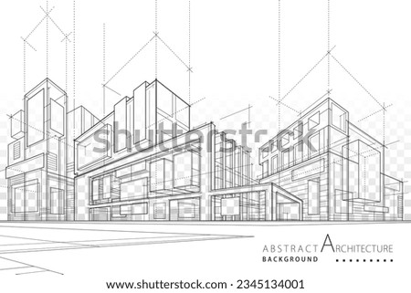3D illustration abstract modern urban building out-line black and white drawing of imagination architecture building construction perspective design.  Royalty-Free Stock Photo #2345134001