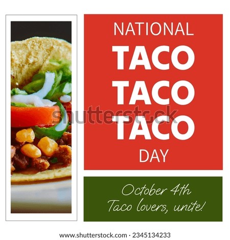 Composition of national taco day text and tacos on red and green background. Tacos, mexican food and fast food concept digitally generated image.