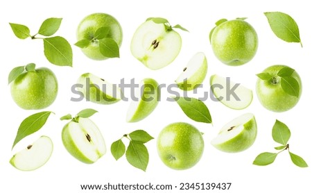 Fresh green apples and green leaves, rich collection - whole, half and quarter, different sides, fly, levitation as patten, isolated on white background. Summer natural food, fruits, design elements. Royalty-Free Stock Photo #2345139437