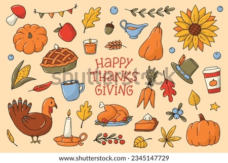 Set of Thanksgiving doodles, cartoon elements, clip art for stickers, prints, sublimation, cards, posters, signs, planners, etc. EPS 10
