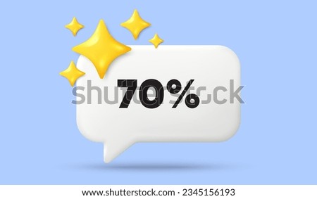 70 percent off sale tag. 3d speech bubble banner with stars. Discount offer price sign. Special offer symbol. Discount chat speech message. 3d offer talk box. Vector