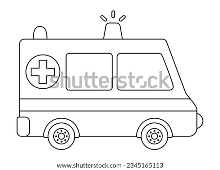 Vector black and white ambulance car. Funny line emergency transportation for kids. Cute hospital vehicle clip art. Special transport icon or coloring page isolated on white background
