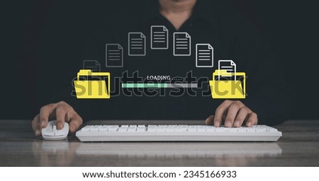 Encryption with file transfer concept : Business man use laptop for remote and download or upload folder document picture by internet connection with full access to remote files.	